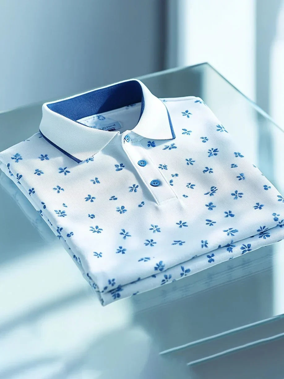 Men's Business Casual Jacquard Button Short Sleeve Polo Shirt
