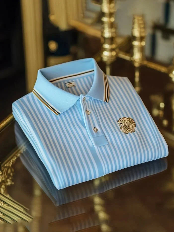 Men's Classic Business Logo Button Short Sleeve Striped Polo Shirt