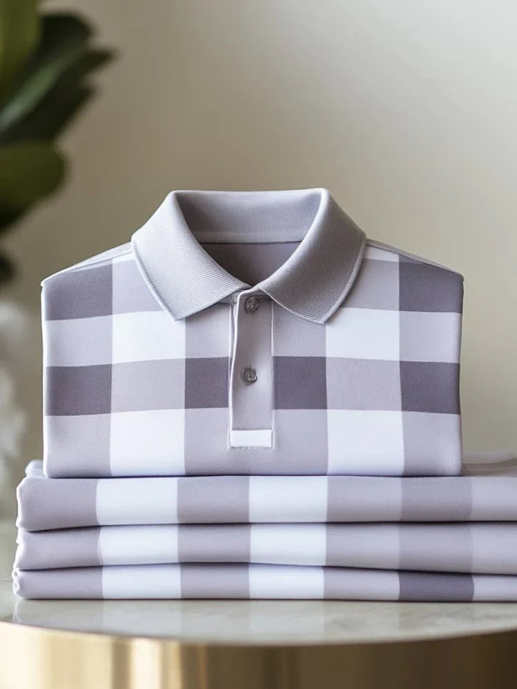 Men's Classic Business Check Button Short Sleeve Stretch Polo Shirt