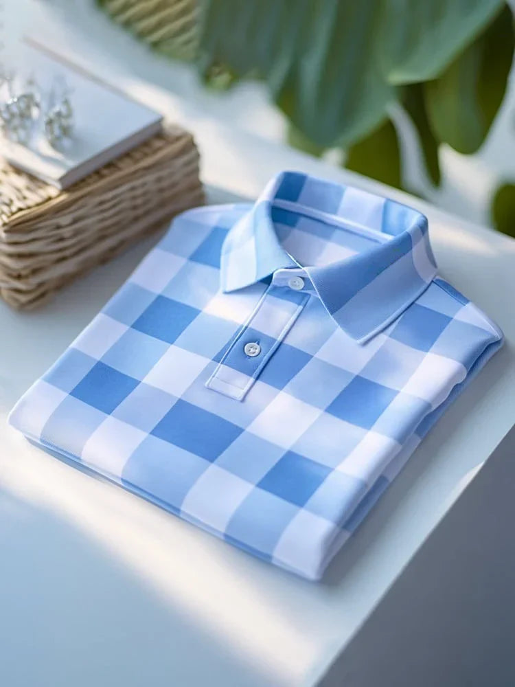 Men's Classic Business Plaid Short Sleeve Logo Polo Shirt
