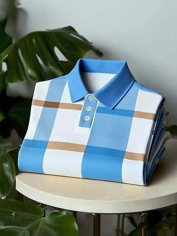 Men's Classic Business Check Pattern Short Sleeve Button Polo Shirt
