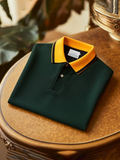 Men's Classic Business Check Logo Button Short Sleeve Polo Shirt