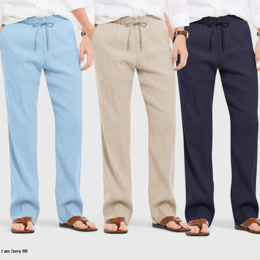 Combo of 3 Linen Loose Fit Men Pant Navy Blue-Light Beige and Blue-50417