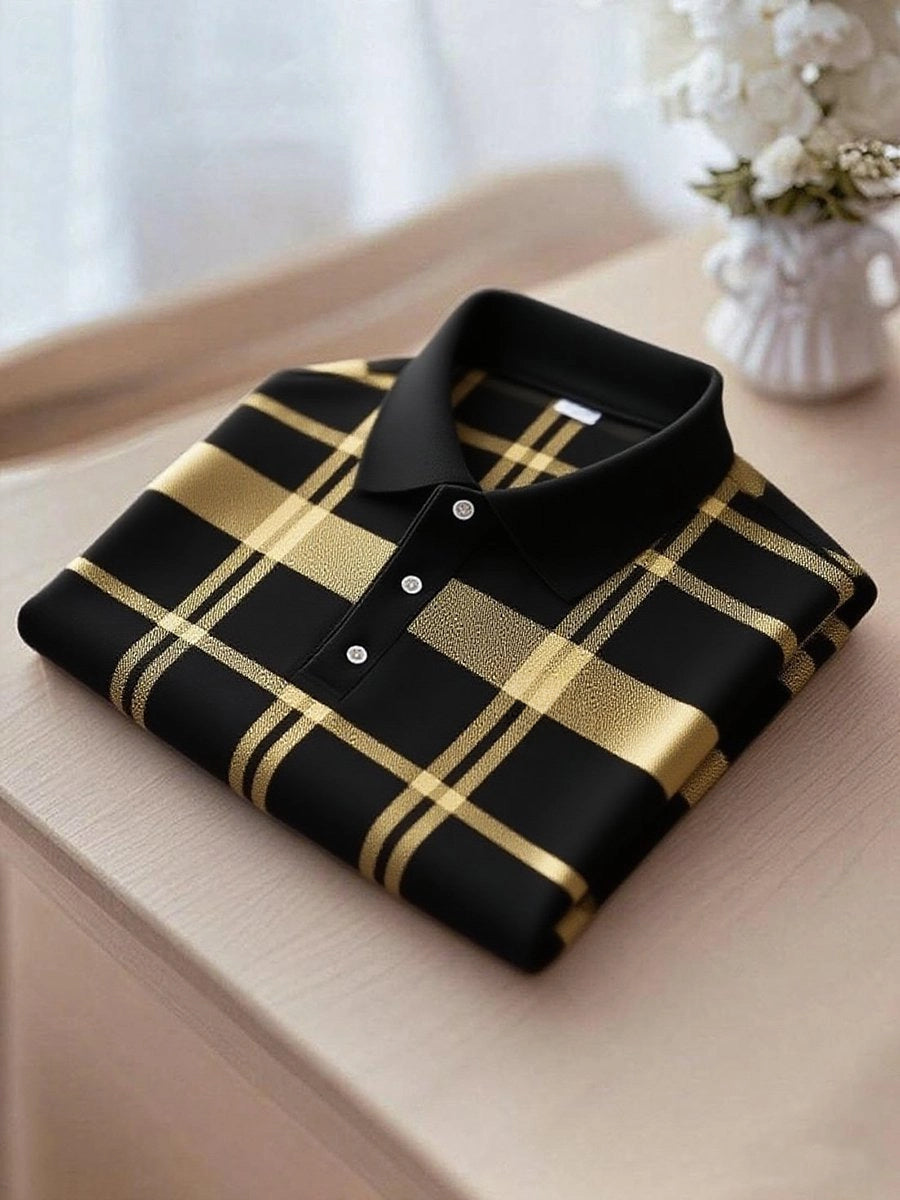 Men's Business Casual Black and Yellow Plaid Button Short Sleeve Polo Shirt