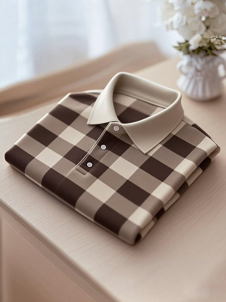 Men's Business Casual Plaid Button-Down Short Sleeve Polo Shirt