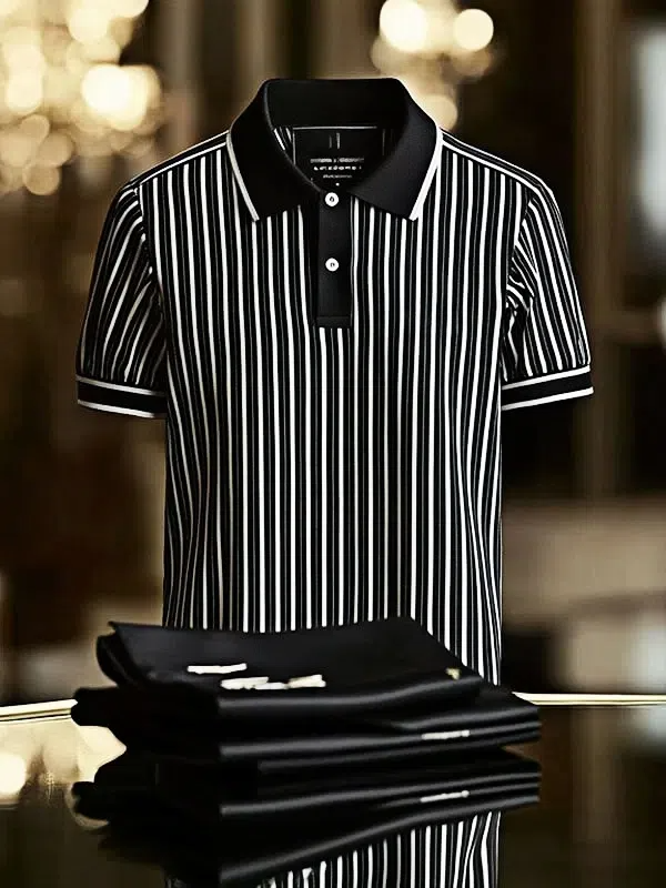 Men's Striped Business Lapel Short Sleeve Polo Shirt