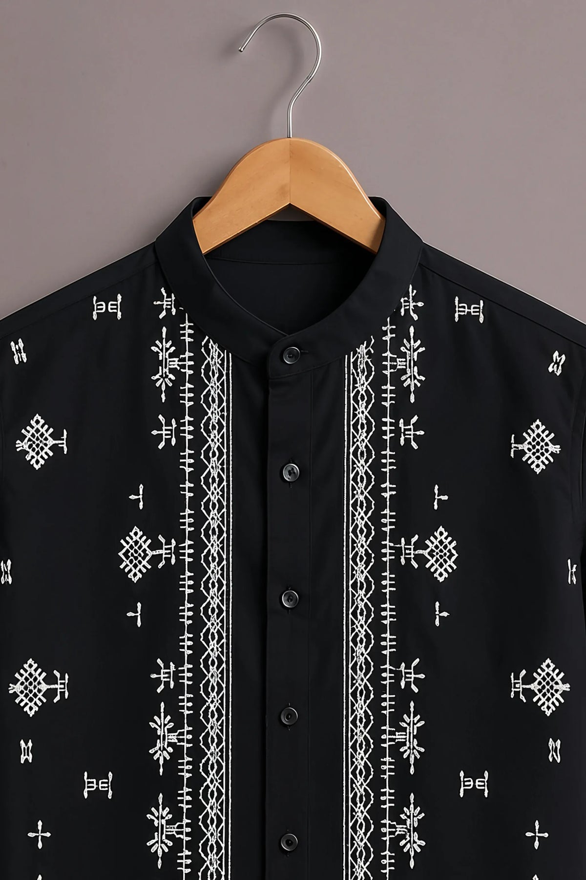 Premium Black Ethnic Embroidered Mandarin Collar Shirt