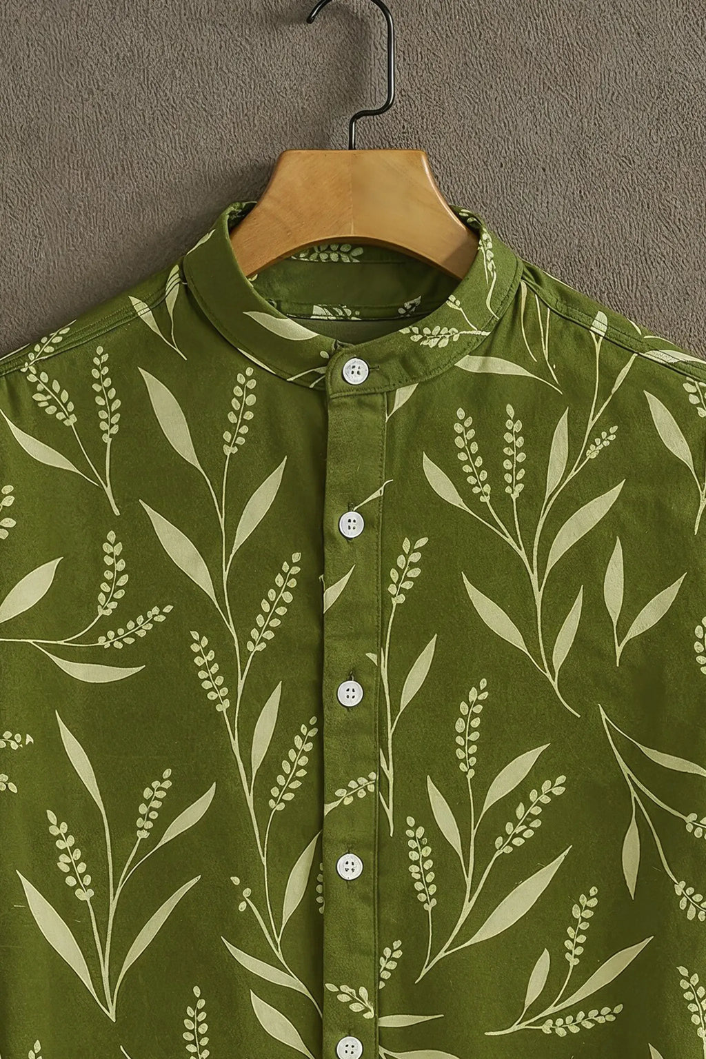 Premium Olive Green Botanical Leaf Print Mandarin Collar Shirt