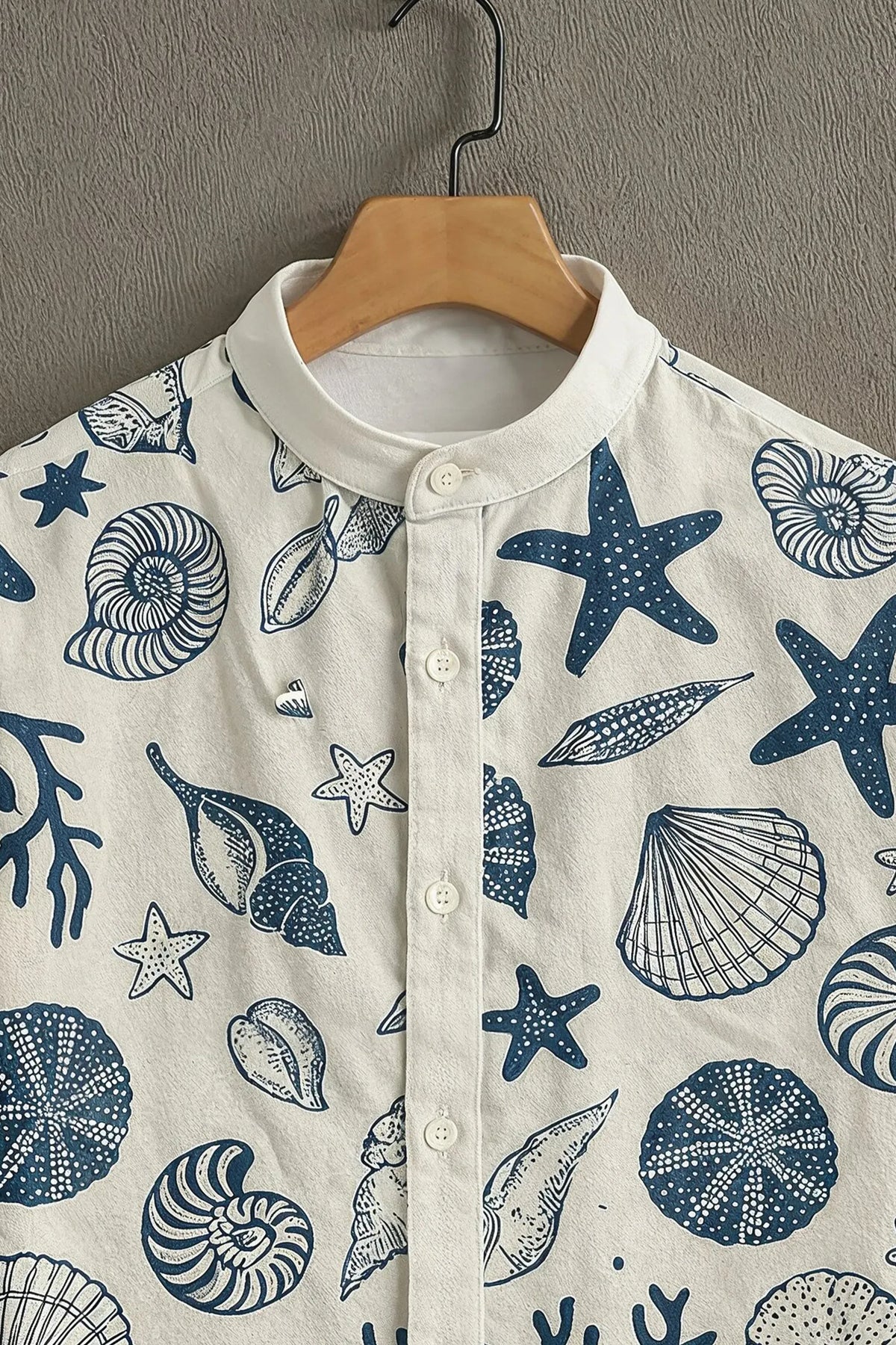 Premium Navy Blue Seashell & Starfish Print Mandarin Collar Shirt