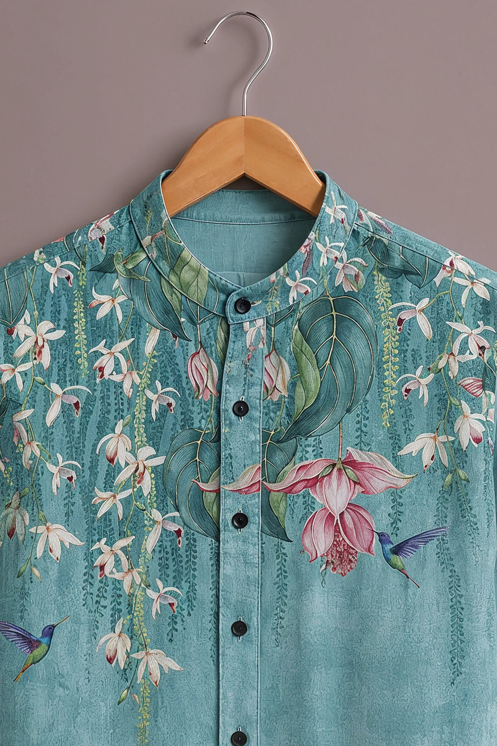Premium Turquoise Floral Hummingbird Mandarin Collar Shirt