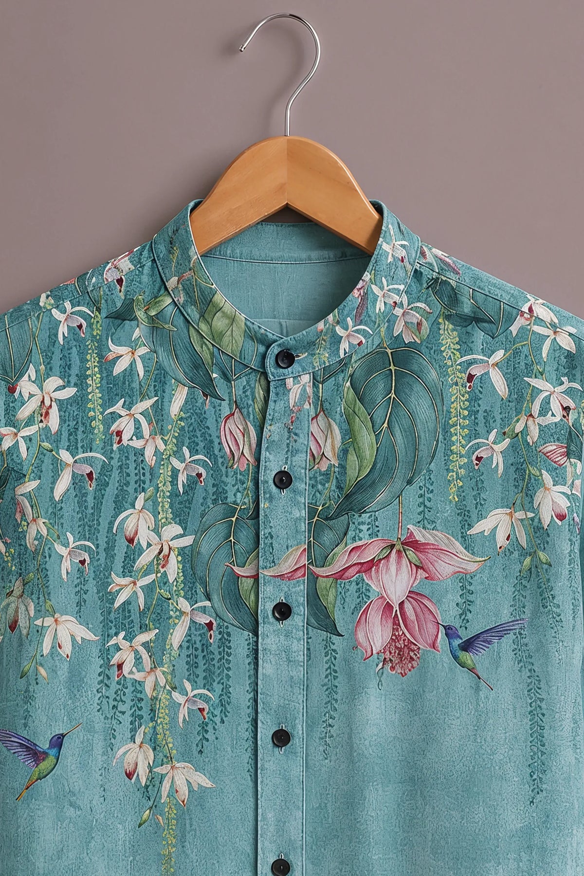 Premium Turquoise Floral Hummingbird Mandarin Collar Shirt