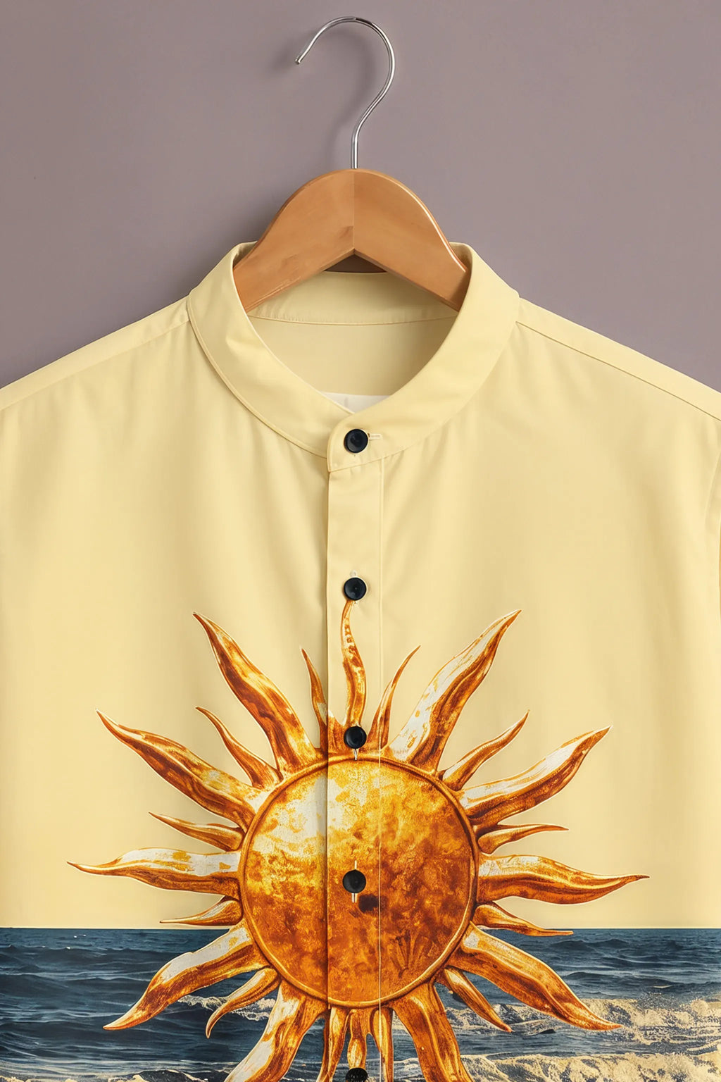 Premium Yellow Sun & Ocean Print Mandarin Collar Shirt