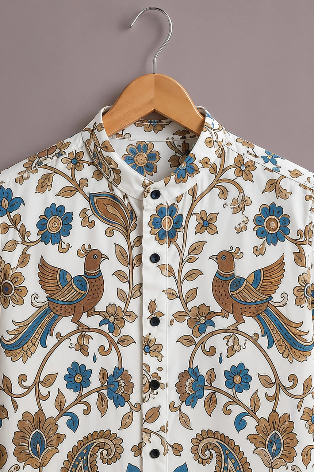 Premium White Blue Floral Peacock Print Mandarin Collar Shirt