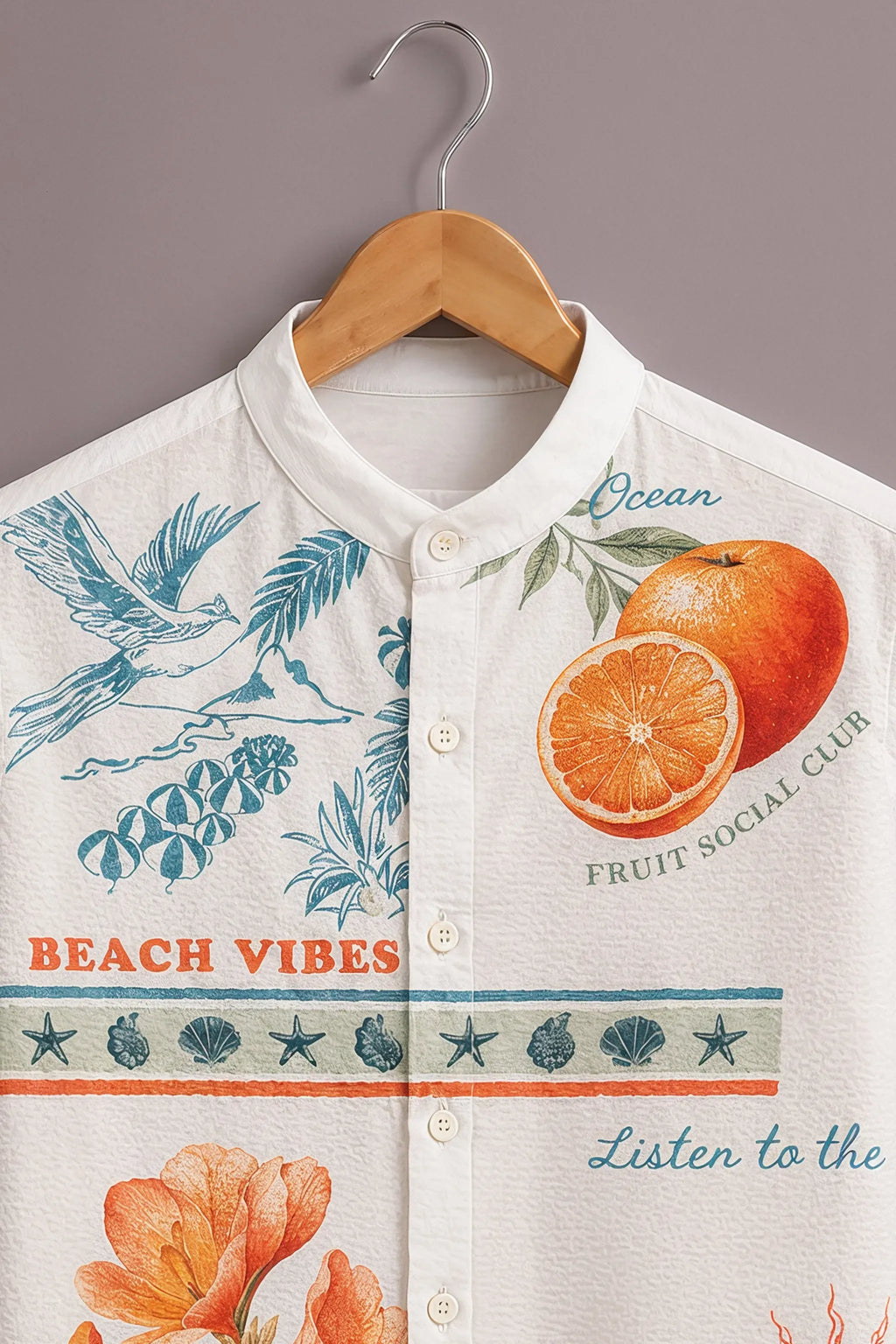 Premium Tropical Beach Vibes Printed Mandarin Collar Shirt