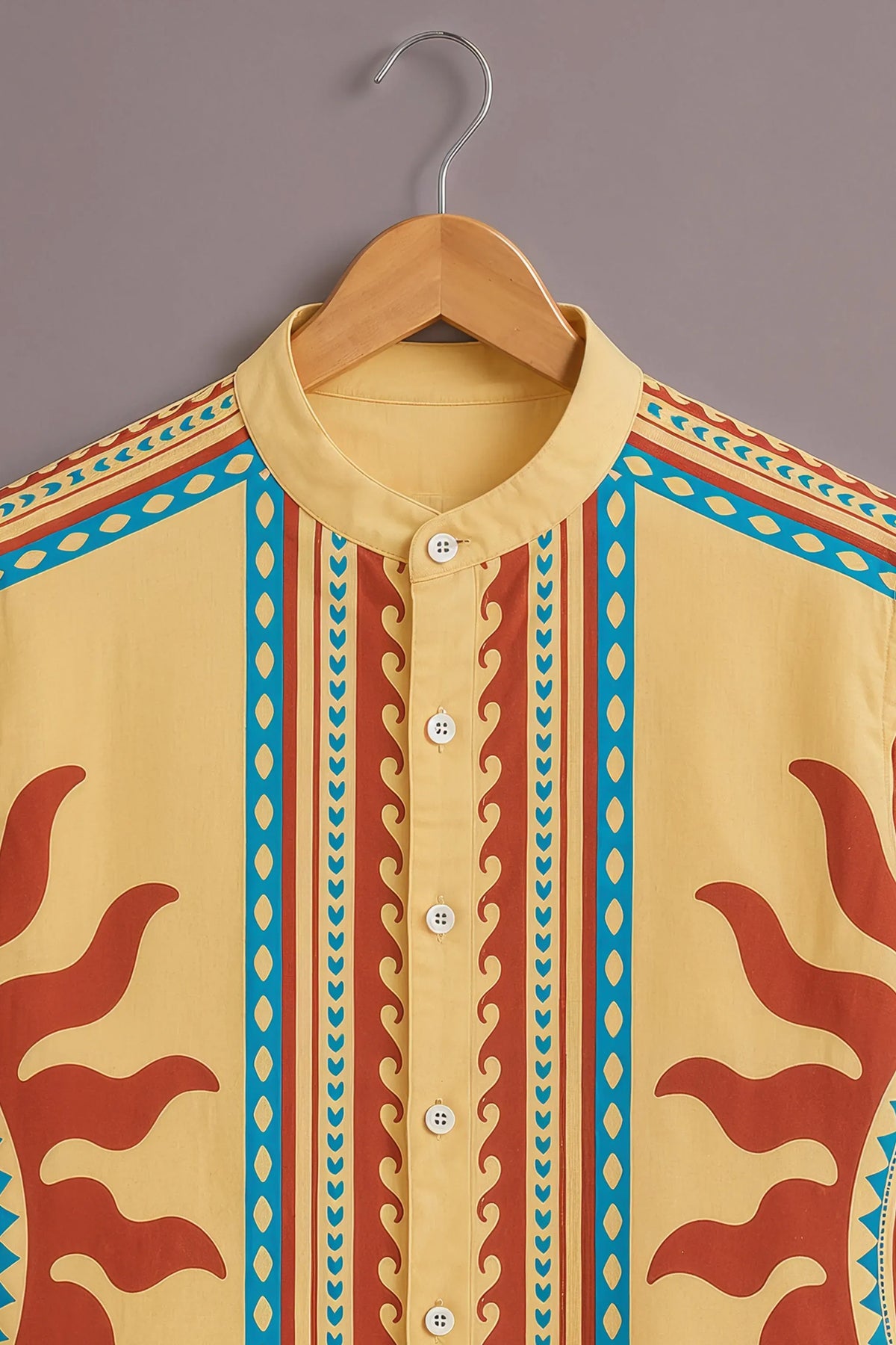 Premium Yellow Ethnic Print Mandarin Collar Shirt