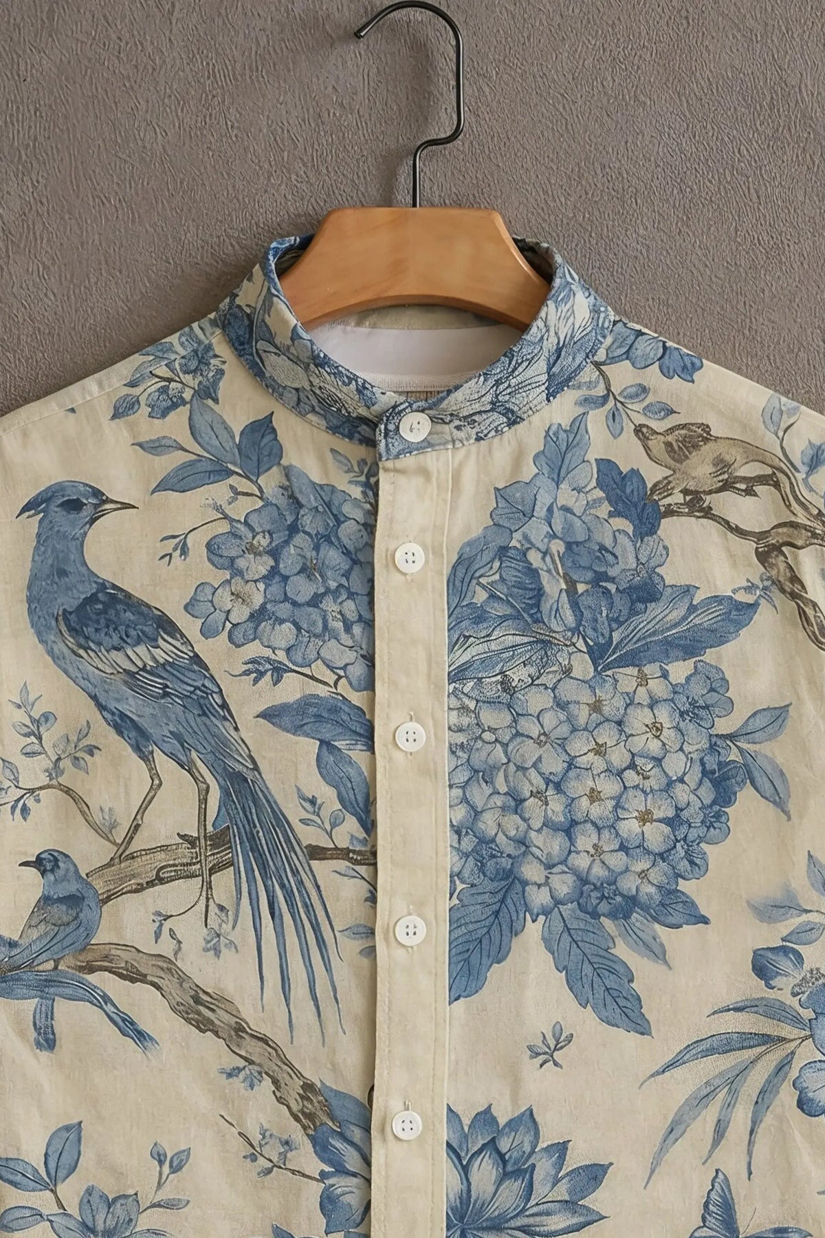 Premium Blue Floral Bird Print Mandarin Collar Shirt