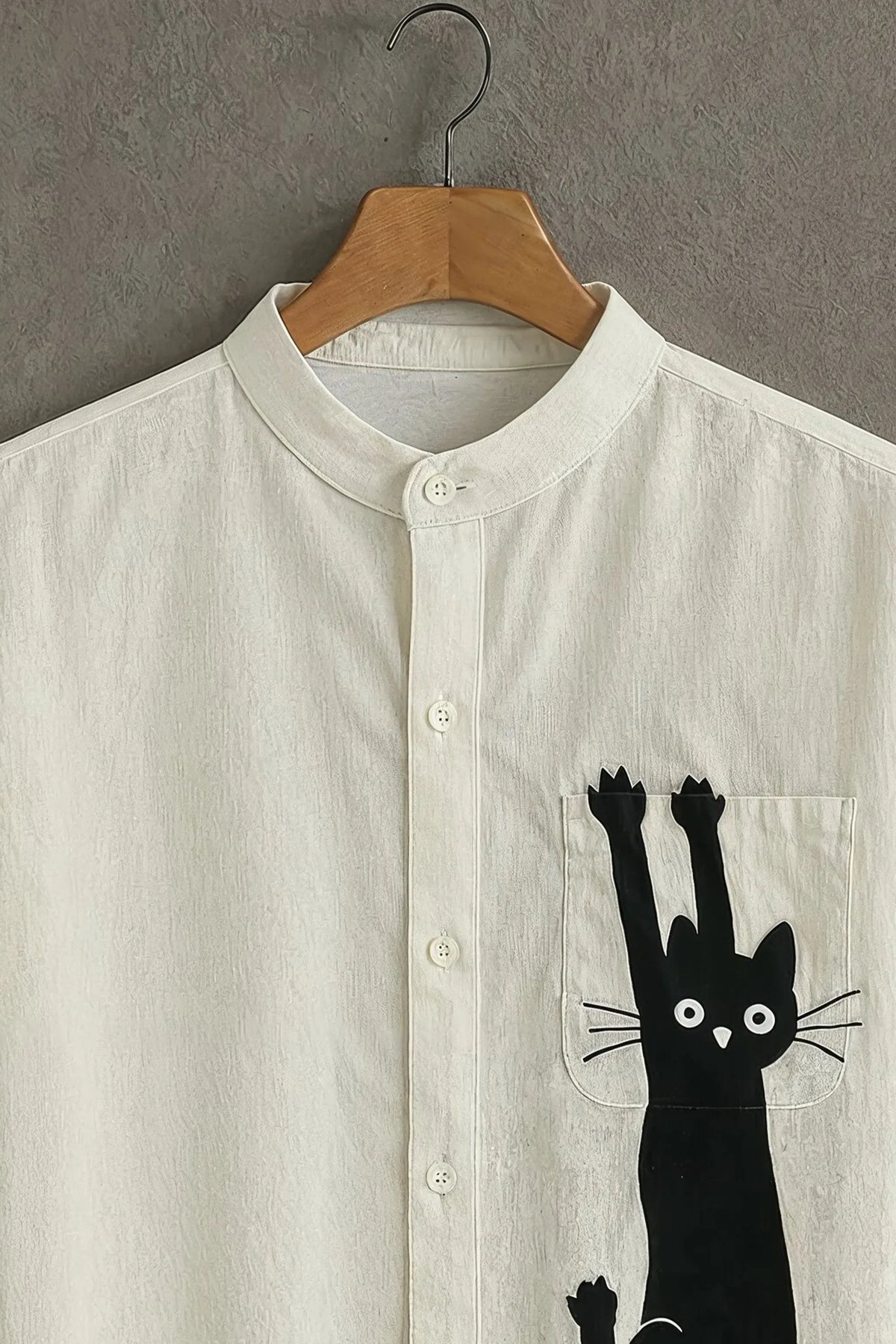 Premium Black Cat Graphic Mandarin Collar Shirt