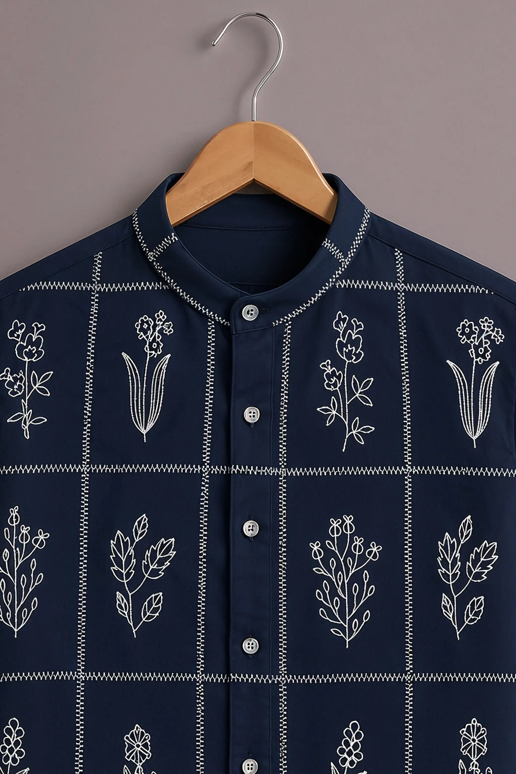 Premium Navy Blue Floral Grid Mandarin Collar Shirt
