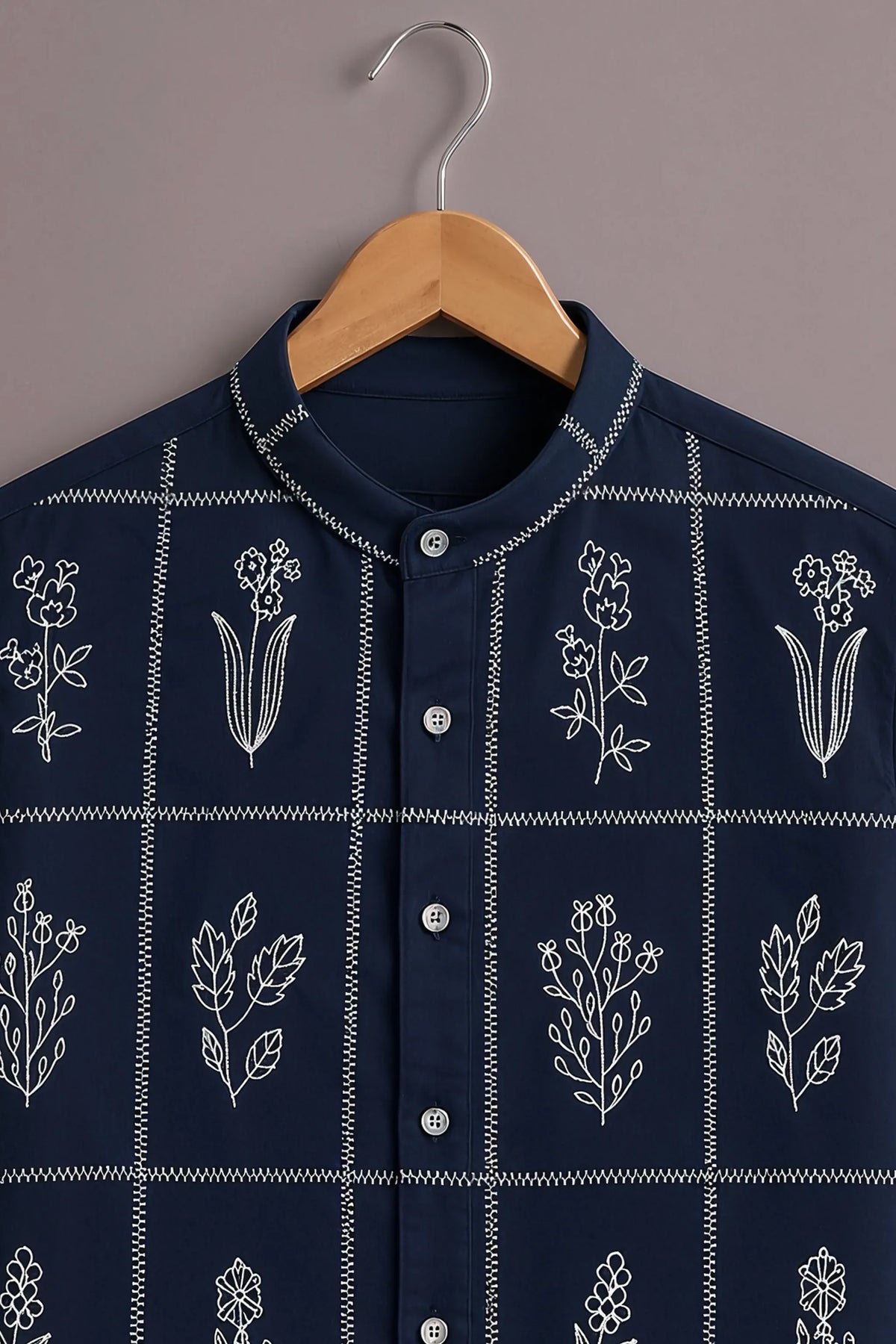 Premium Navy Blue Floral Grid Mandarin Collar Shirt