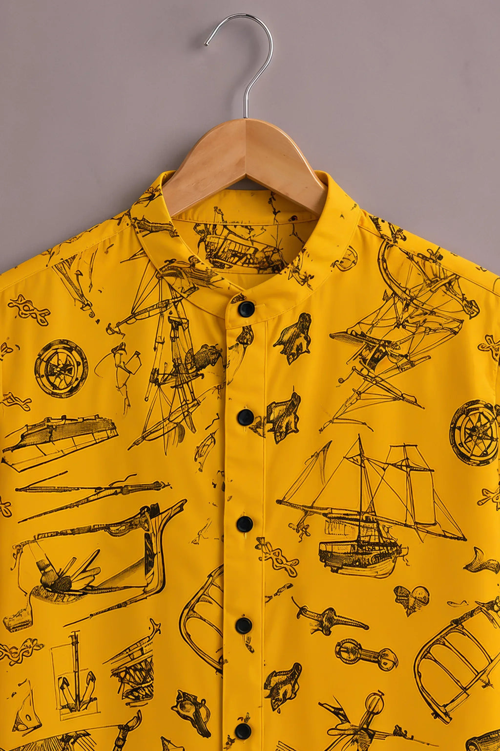 Premium Yellow Vintage Nautical Print Mandarin Collar Shirt