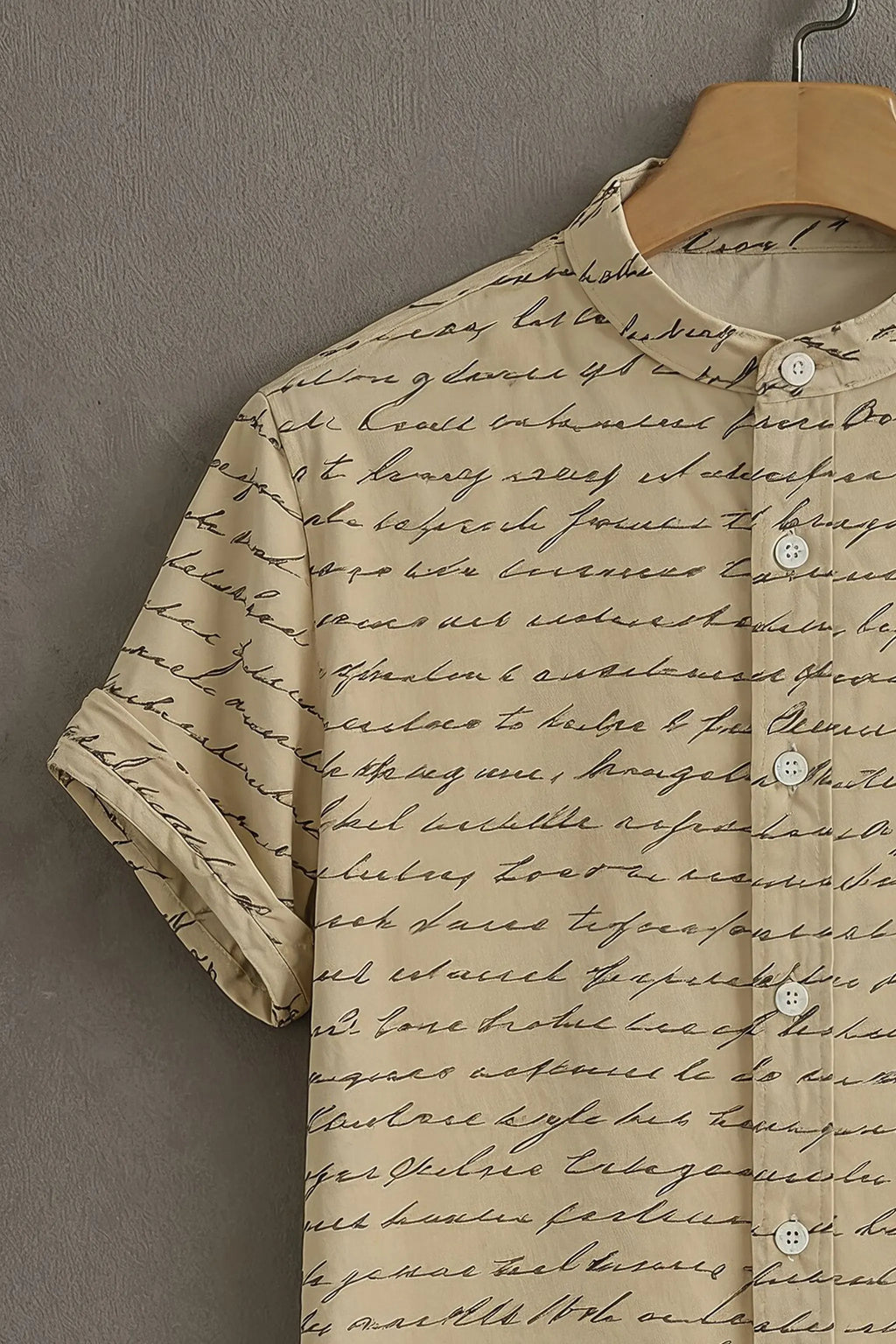 Premium Beige Script Print Mandarin Collar Shirt