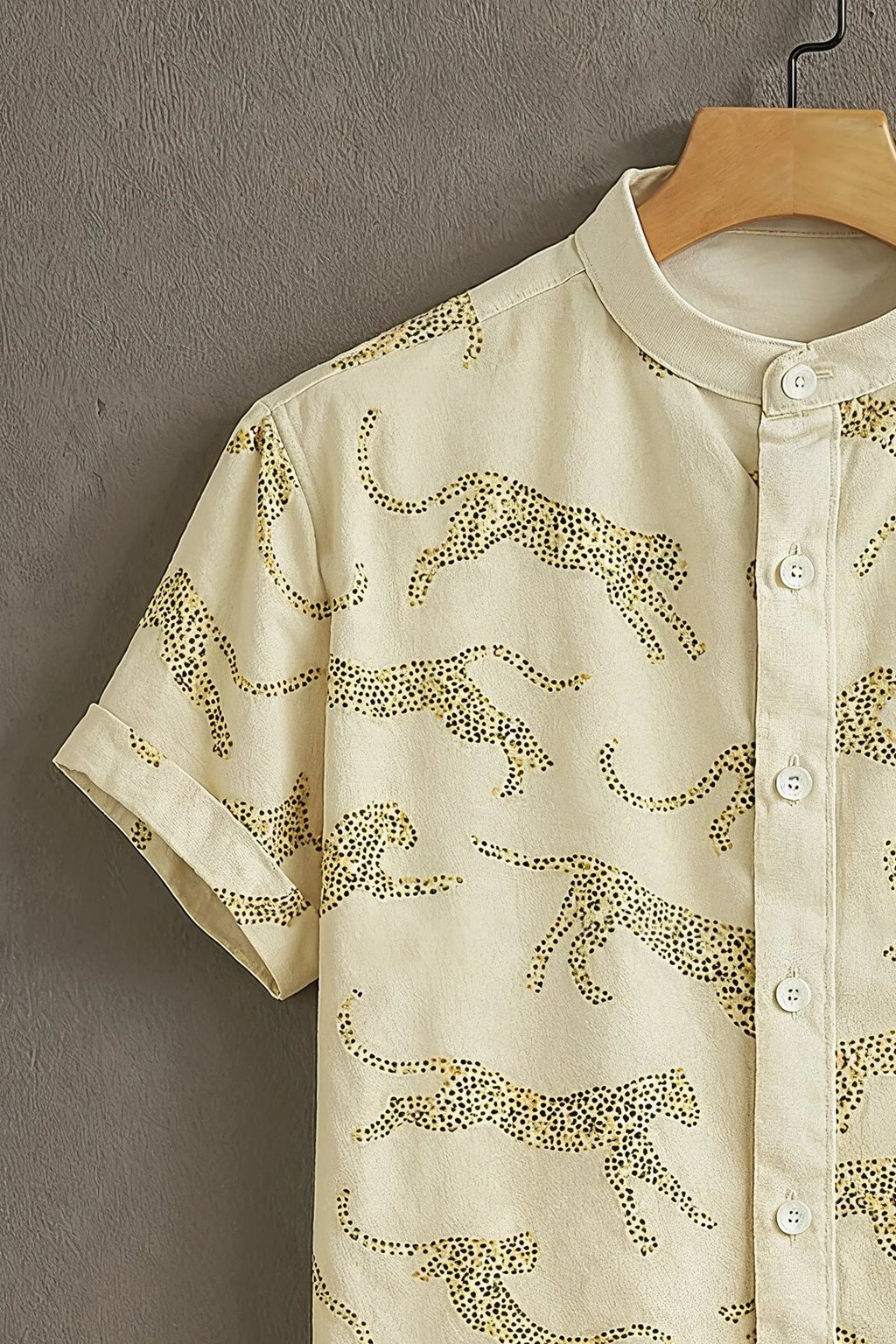 Cream Leopard Print Mandarin Collar Shirt