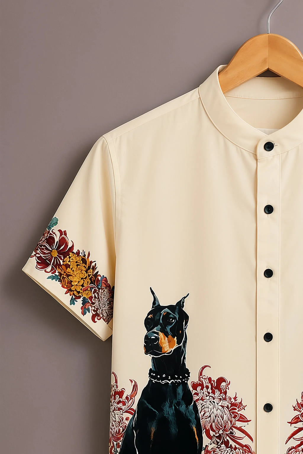 Premium Cream Doberman Floral Print Mandarin Collar Shirt