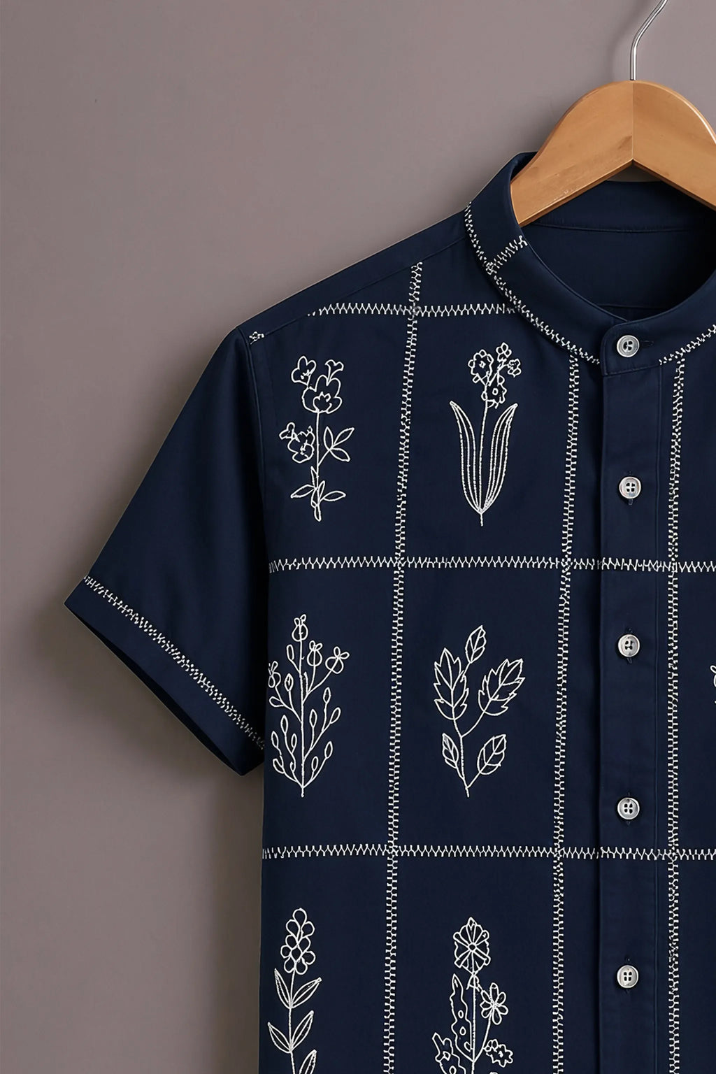 Premium Navy Blue Floral Grid Mandarin Collar Shirt