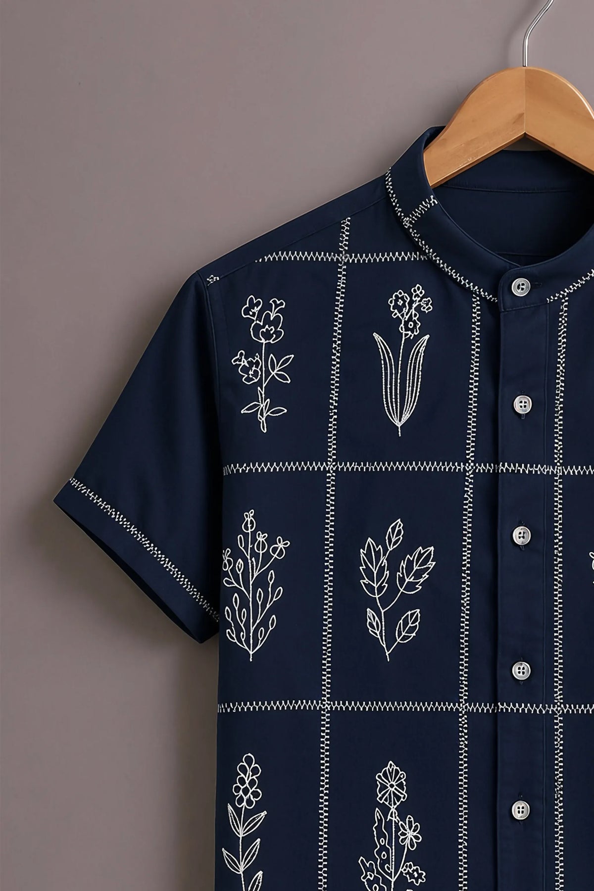 Premium Navy Blue Floral Grid Mandarin Collar Shirt
