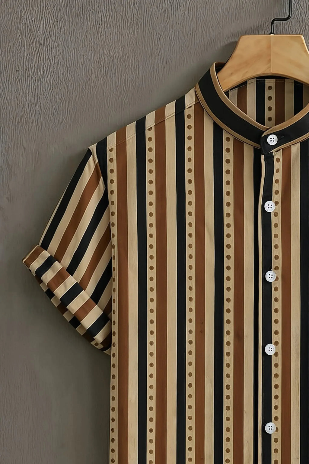 Premium Brown Black Vertical Stripe Mandarin Collar Shirt