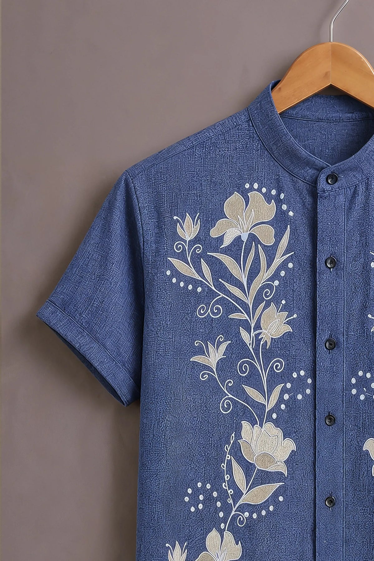 Premium Blue Floral Embroidered Mandarin Collar Shirt