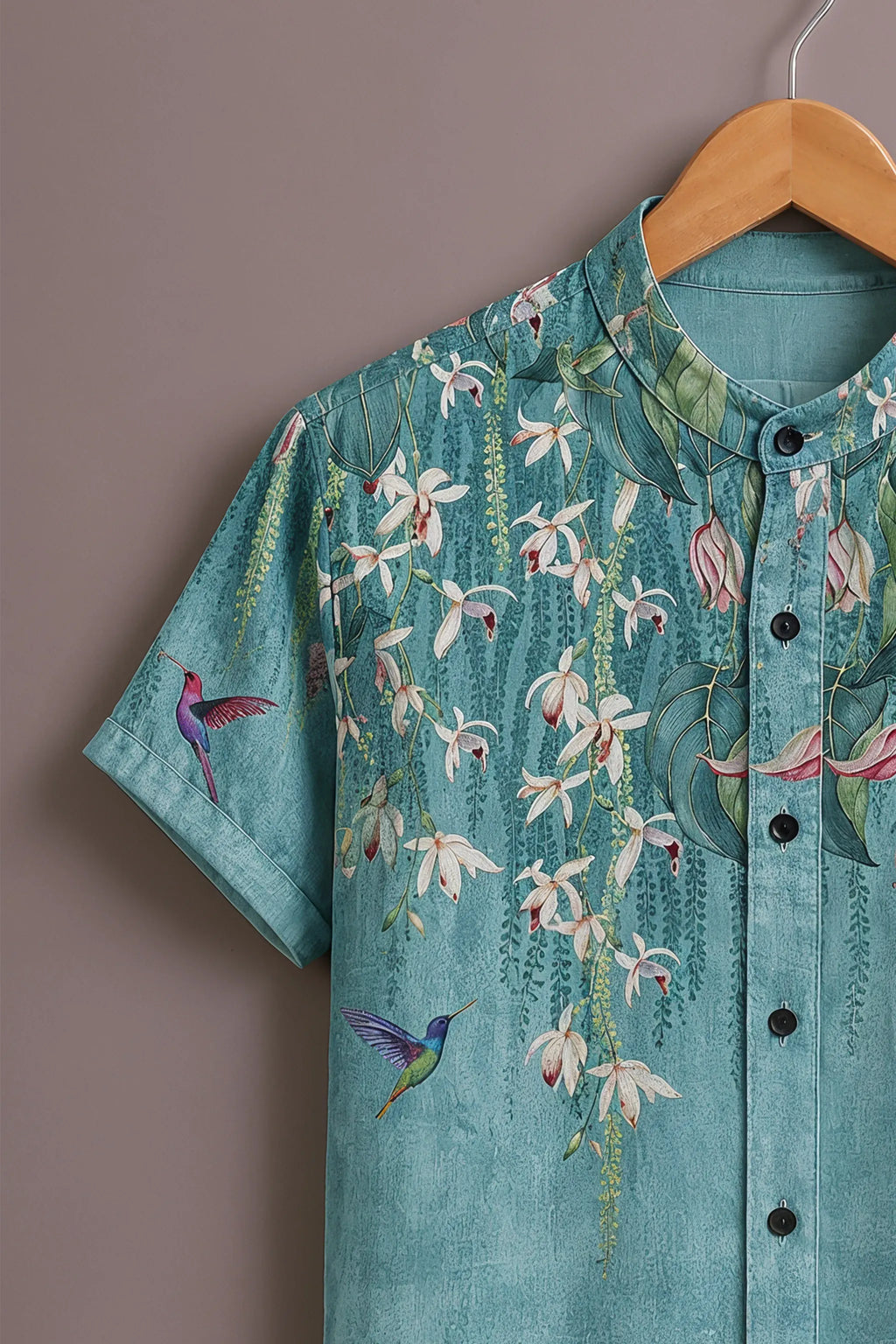 Premium Turquoise Floral Hummingbird Mandarin Collar Shirt