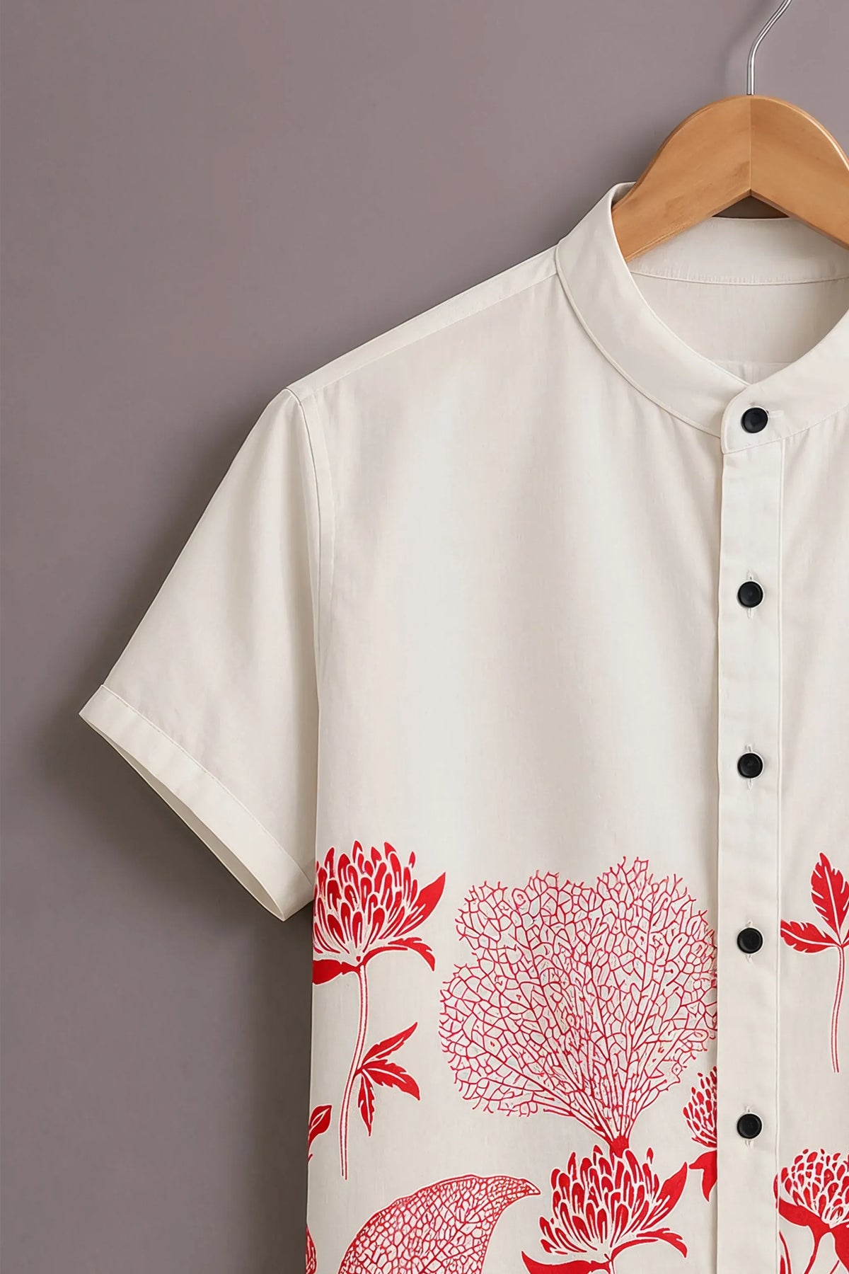 Premium White & Red Floral Mandarin Collar Shirt