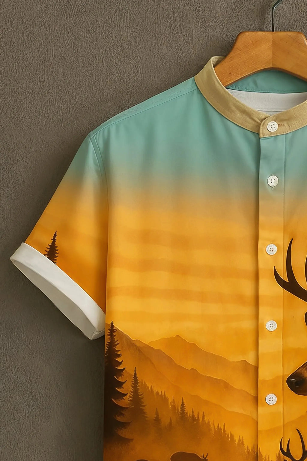 Premium Sunset Deer Forest Print Mandarin Collar Shirt