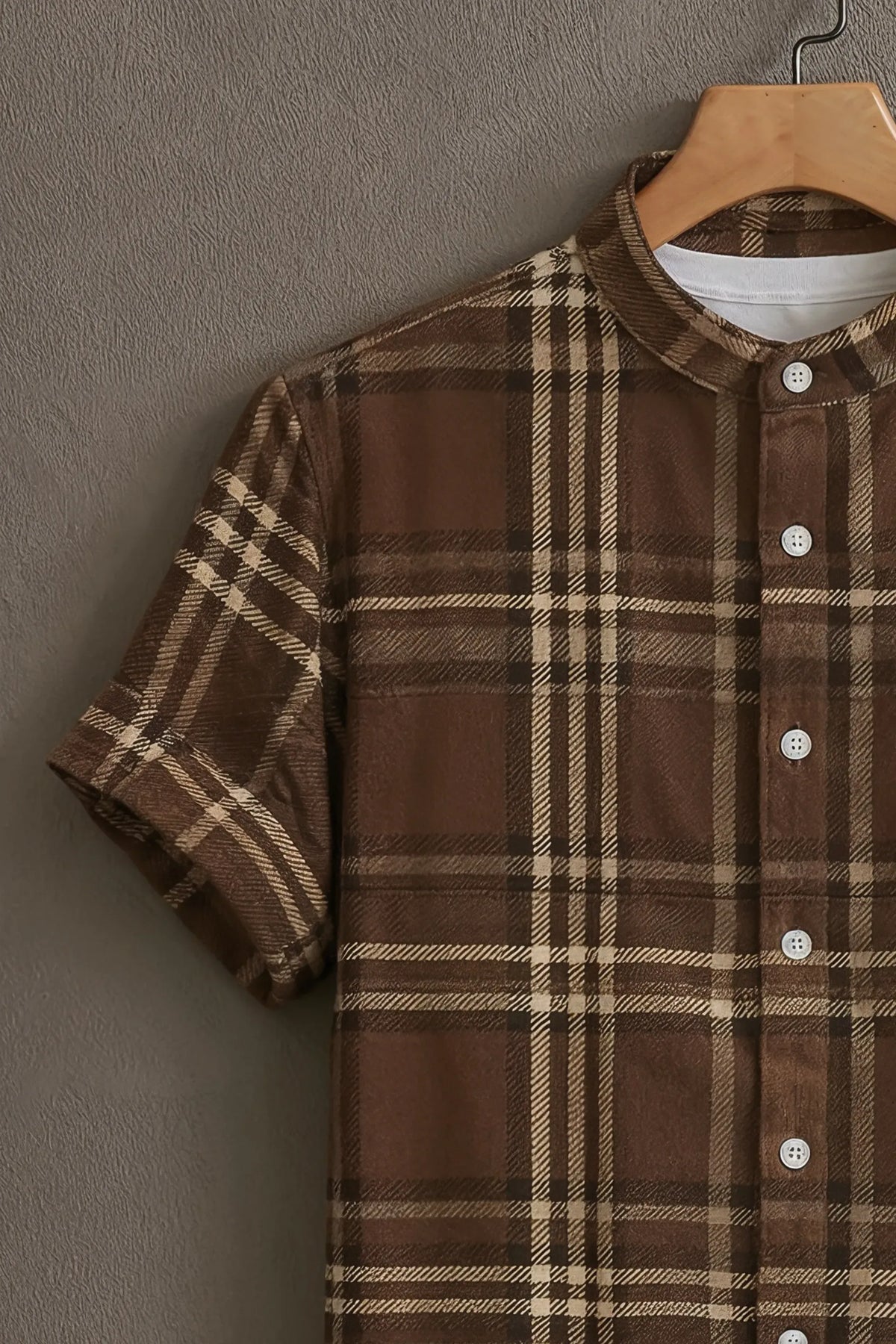 Premium Brown Beige Plaid Check Mandarin Collar Shirt