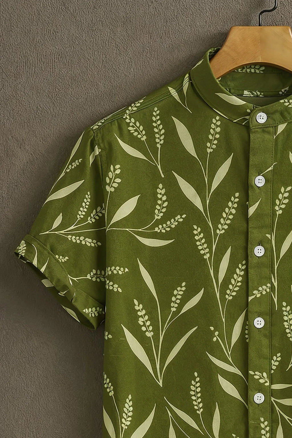 Premium Olive Green Botanical Leaf Print Mandarin Collar Shirt