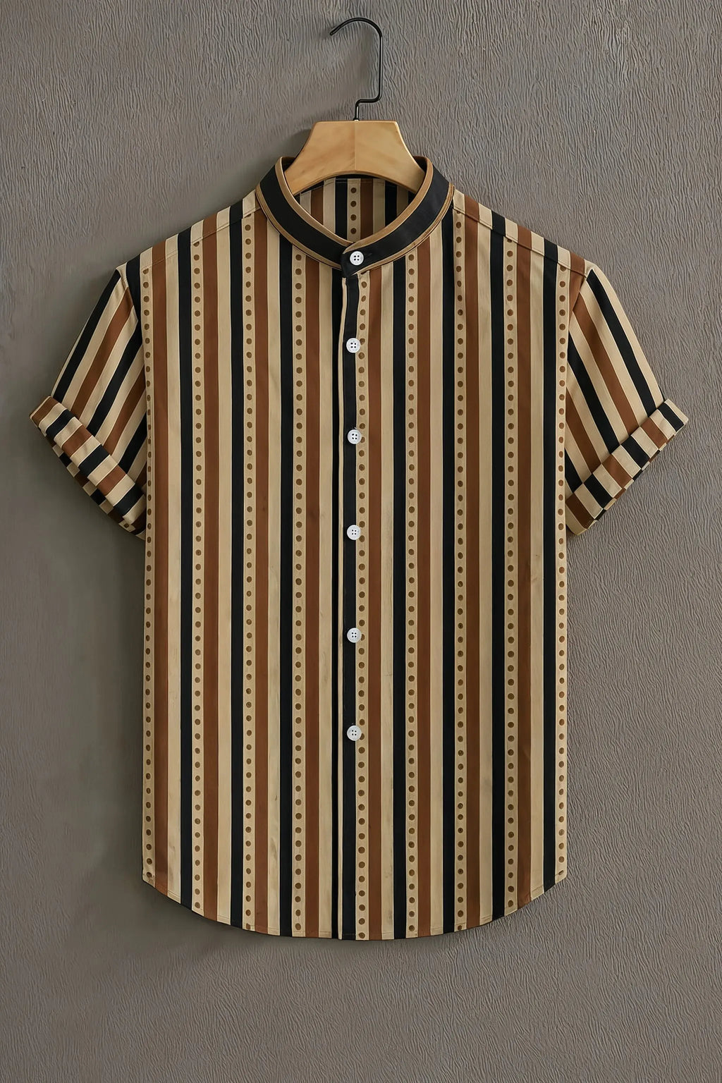 Premium Brown Black Vertical Stripe Mandarin Collar Shirt