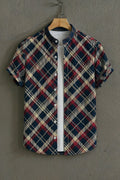 Premium Navy Burgundy Argyle Print Mandarin Collar Shirt