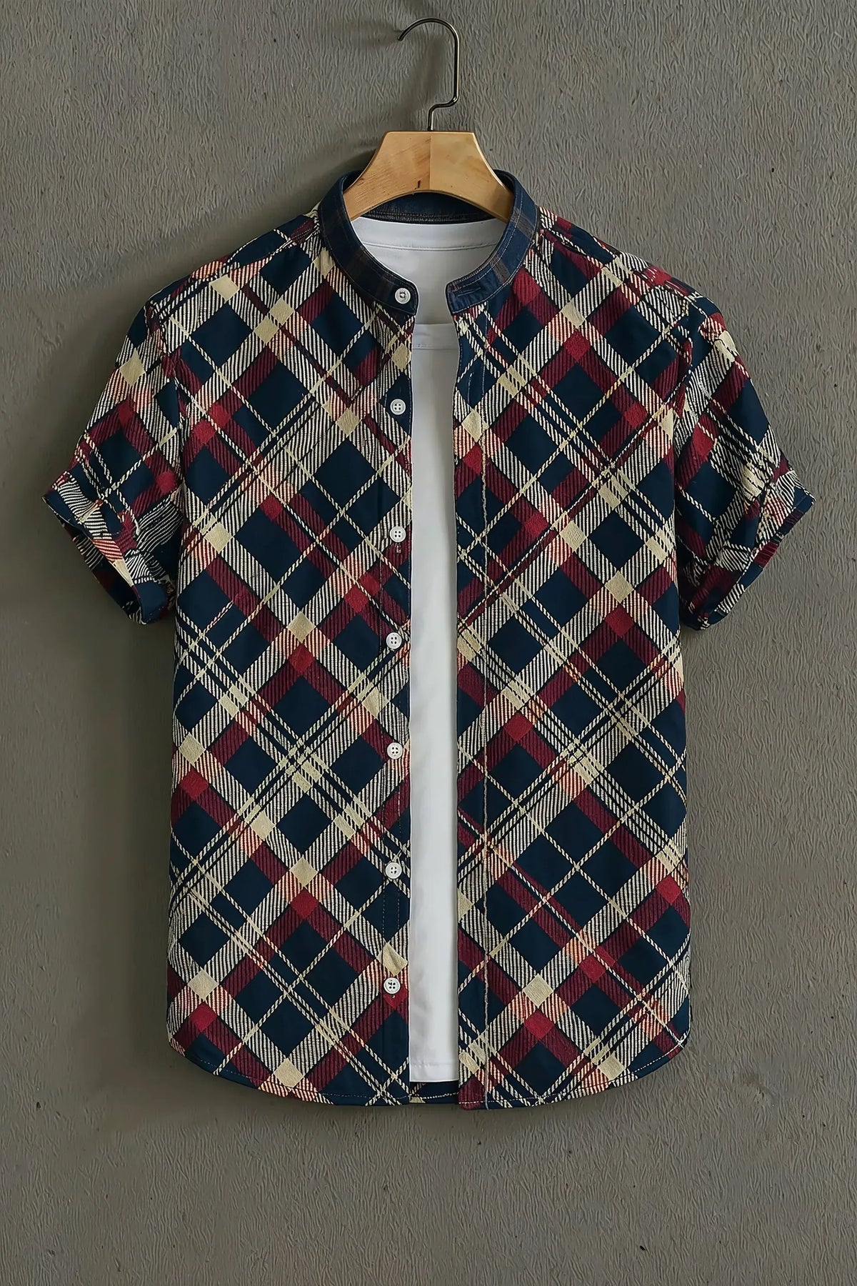 Premium Navy Burgundy Argyle Print Mandarin Collar Shirt