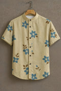 Premium Beige Blue Floral Print Mandarin Collar Shirt