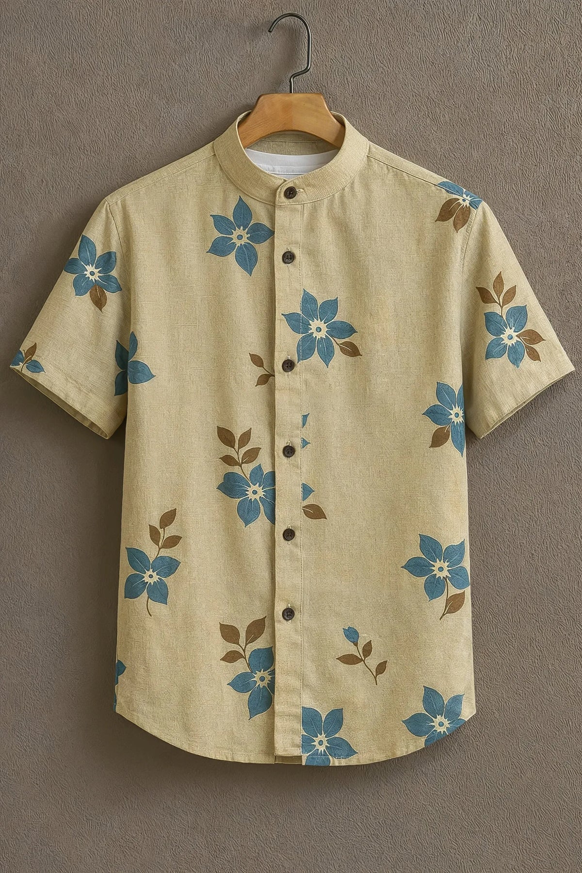 Premium Beige Blue Floral Print Mandarin Collar Shirt