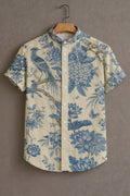 Premium Blue Floral Bird Print Mandarin Collar Shirt