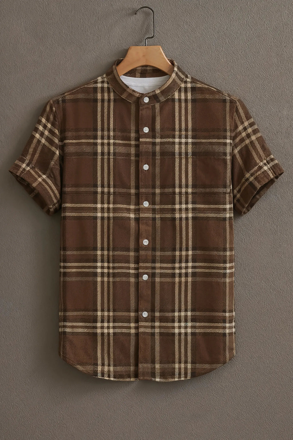 Premium Brown Beige Plaid Check Mandarin Collar Shirt