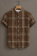 Premium Brown Beige Plaid Check Mandarin Collar Shirt