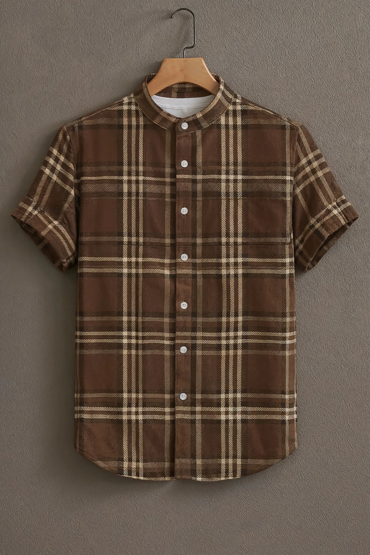 Premium Brown Beige Plaid Check Mandarin Collar Shirt