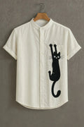 Premium Black Cat Graphic Mandarin Collar Shirt