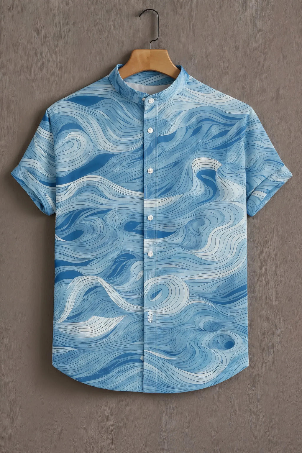 Premium Blue Abstract Wave Print Mandarin Collar Shirt