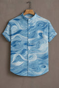 Premium Blue Abstract Wave Print Mandarin Collar Shirt
