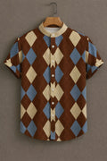 Premium Brown Blue Argyle Pattern Mandarin Collar Shirt