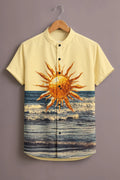 Premium Yellow Sun & Ocean Print Mandarin Collar Shirt